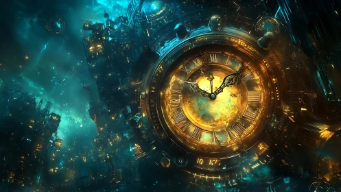 Giant luminous clock drifts in a futuristic cosmic city of time