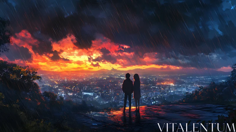 Two people stand on a rainy overlook watching a burning sunset