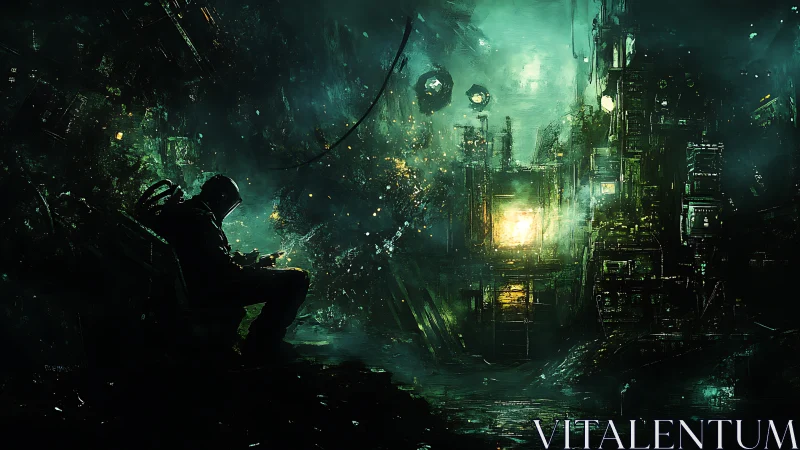 Solitary cyberpunk operator facing luminous dystopian skyline