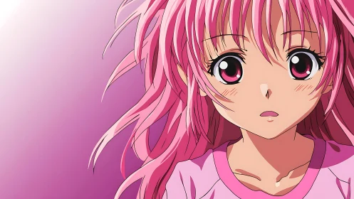 Pink haired anime girl close up on gradient background.