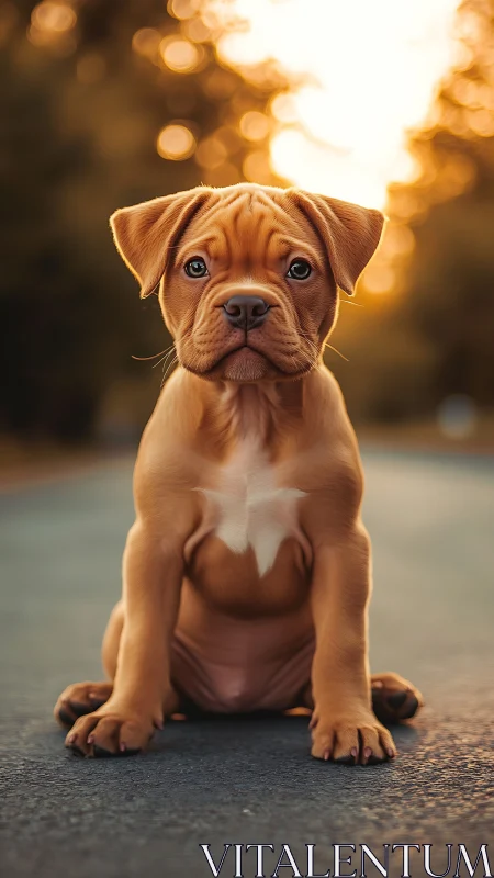 Brown puppy sits on asphalt road in backlit sunset scene