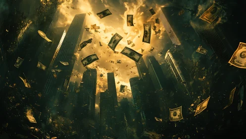 Storm of burning money above a crumbling golden skyline.