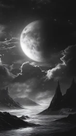 Monochrome extraterrestrial seascape under crescent moon.