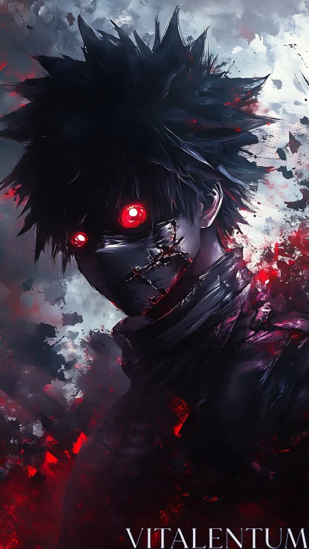 Masked figure with glowing red eyes faces viewer in shadows