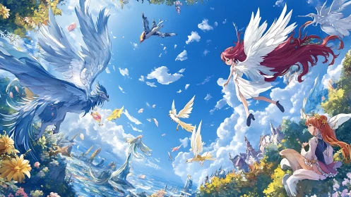 Winged maidens and celestial birds in panoramic sky realm.