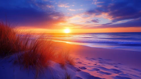 Hyperreal coastal sunset over dune grass and tidal shoreline