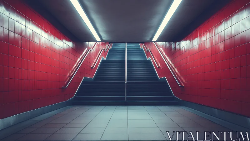 Symmetrical subway stairwell under cool fluorescent linear lighting