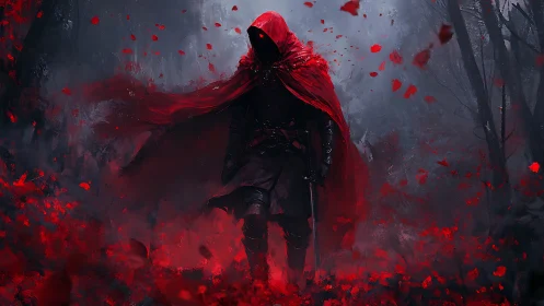 Hooded warrior strides through crimson storm of petals.