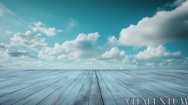 Serene sky above endless wooden deck under soft clouds.