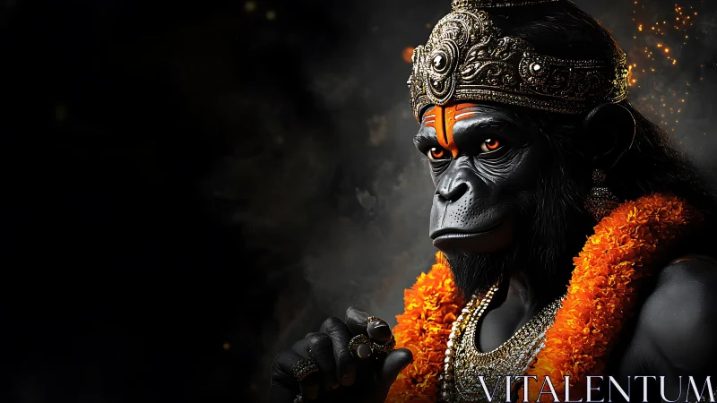 Simian warrior deity rendered in ornate photorealistic regalia.