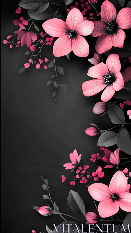 Pink Cosmos Flowers Against Black Textured Background.