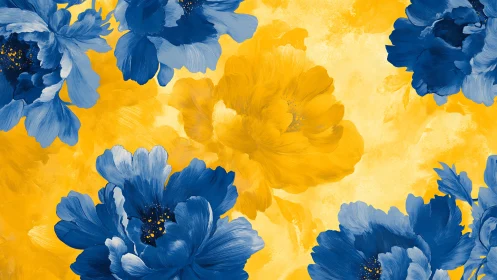 Bold Blue and Yellow Floral Digital Painting.
