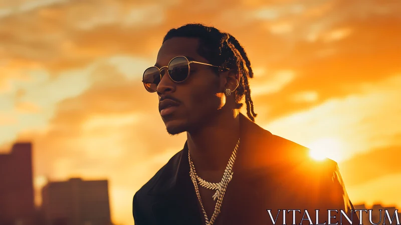 Sunlit swagger crowns a city dreamer in molten gold glow.