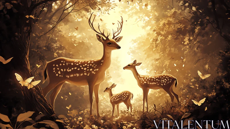 Deer family stands in warm golden forest light with butterflies