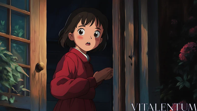 Anime girl in red coat entering wooden doorway at dusk