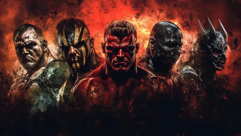 Armored warriors emerge from infernal smoke in high-contrast digital art