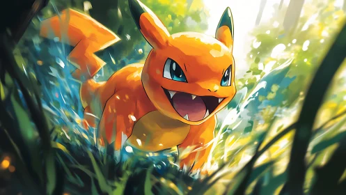 Luminous orange creature sprinting through refracted forest light.