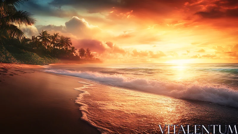 Sunlit surf kisses a tropical shore in blazing gold haze.