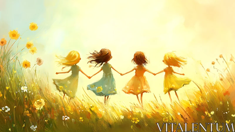 Four Girls Holding Hands in Sunlit Meadow, Impressionist Art.