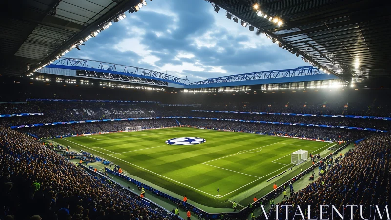 Evening football match in packed modern stadium under lights.