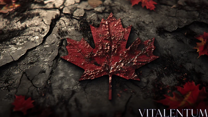 Gilded crimson maple leaf blazing over cracked stone ground.