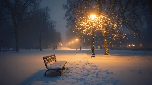 Snowbound park bench under ember streetlamps at midnight hush.