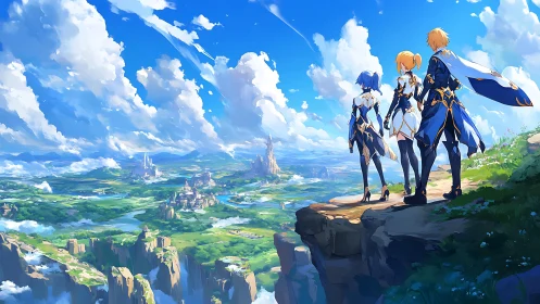 Skybound trio weighs destiny above a painted emerald kingdom