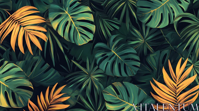Digital illustration shows layered tropical foliage arrangement