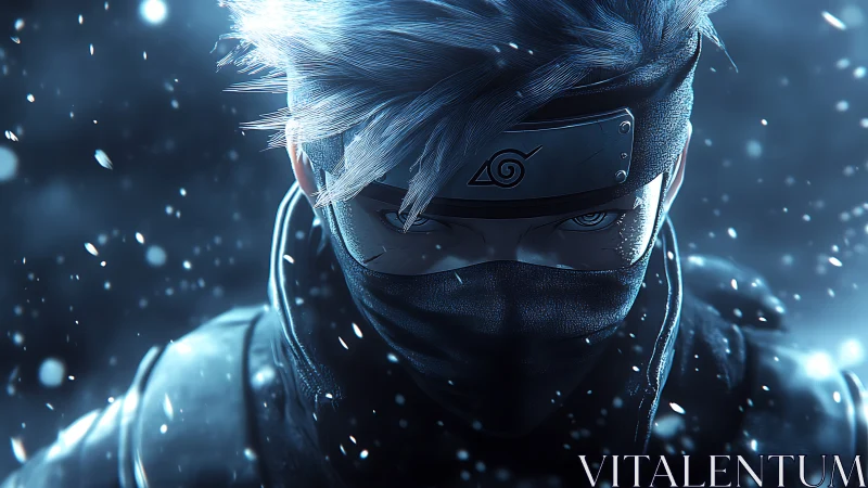 Cold-illuminated masked ninja portrait in blue backlit snowfall