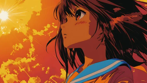 Sunlit anime schoolgirl gazes toward a blazing orange sky.