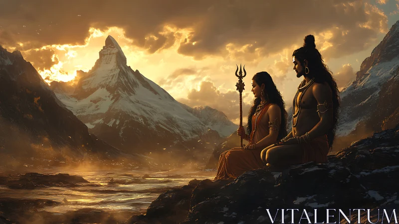 Divine couple overlook sunlit Himalayan peak in warm haze.