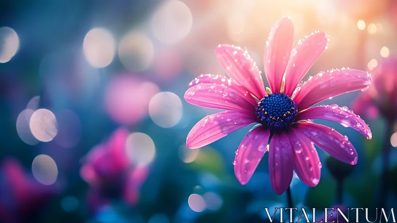 Pink flower with water droplets in soft-focus environment.
