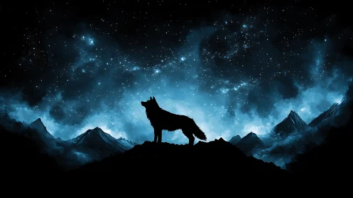 Lone wolf silhouette watches a luminous, star-filled night sky.