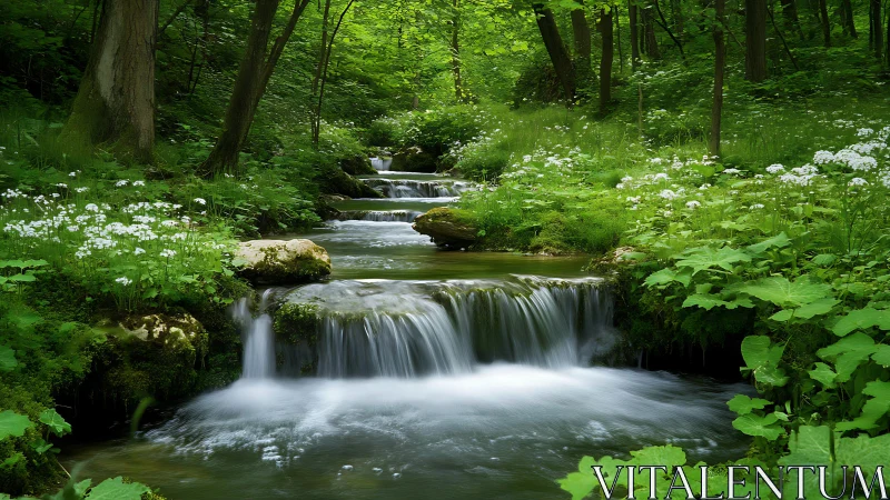 Tranquil forest stream with lush greenery and wildflowers, nature scene.