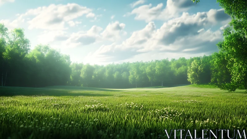 Sunlit meadow opening gently into a quiet forest edge.