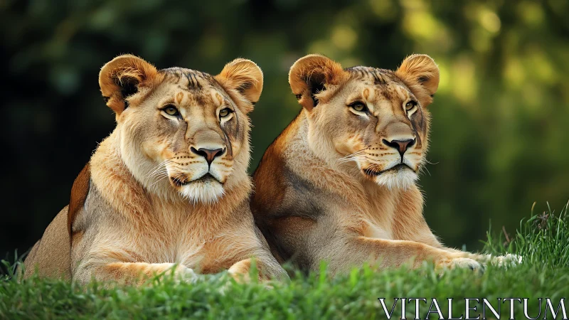 Two Lionesses Rest Against Verdant Background.