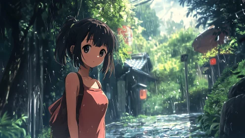 Girl in red dress walking through lush rainy alleyway.