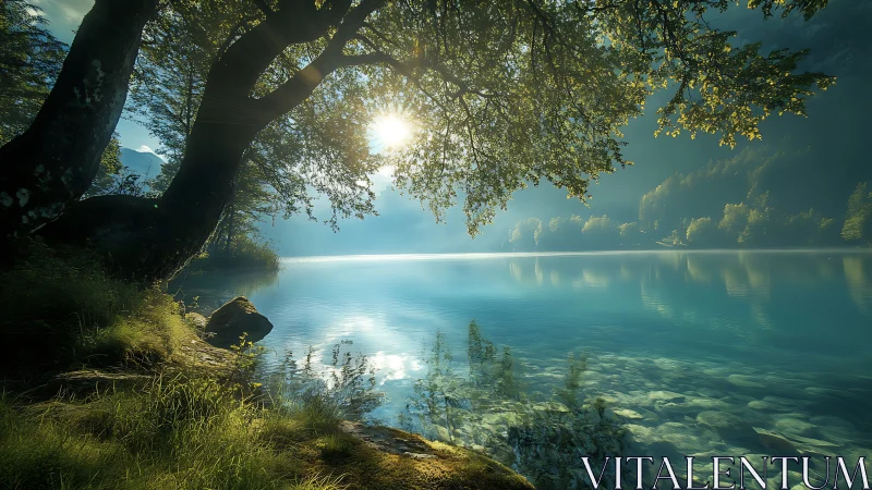Backlit lakeside tree over turquoise alpine water at sunrise