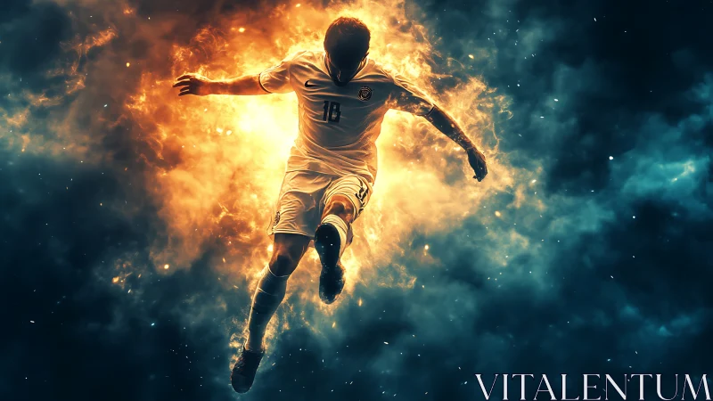Digital soccer striker leaping through blazing cosmic fire.
