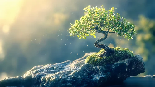 Serene Bonsai Tree on Mossy Rock in Soft Morning Light.