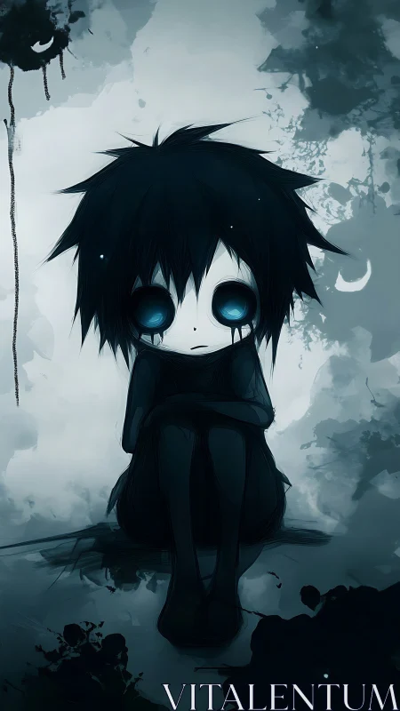 Melancholic blue-eyed child sits alone in a shadowed void.