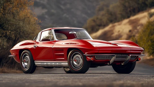 Red classic sports coupe parked on a mountain road.