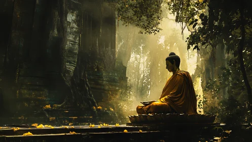 Golden seated Buddha amid volumetric jungle ruins light.