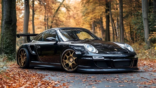 Black Porsche sports car gleams on an autumn forest road.