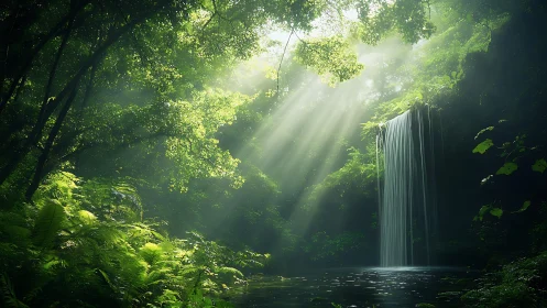 Cascading Waterfalls Through Luminous Canopy With Volumetric Light Rays.