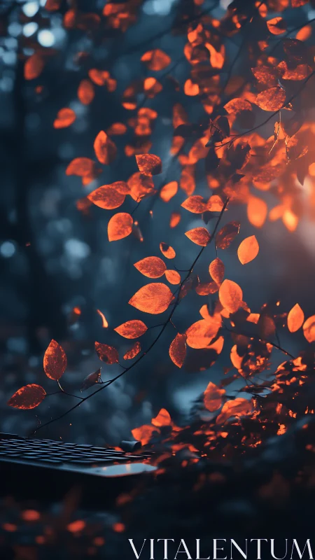 Orange leaves hang over a keyboard in shallow depth of field