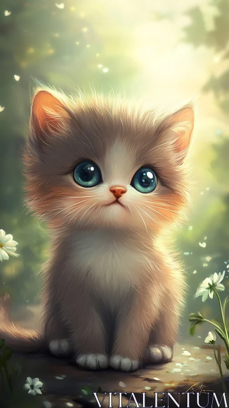Illustration of Feline Kitten with Teal Eyes in Botanical Setting.