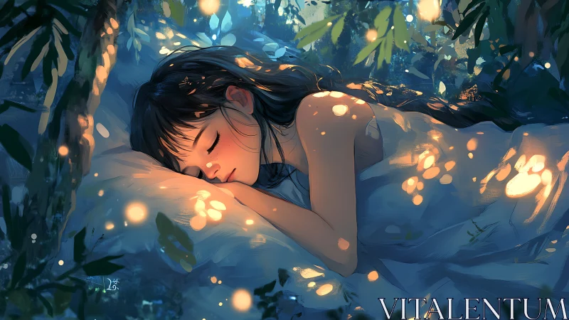 Luminous forest sleep scene with dappled bokeh light effects