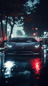 Black sports car on wet city street at night in rainfall.