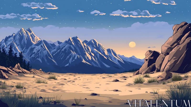 Mountain desert valley at dusk with moonlit rocky skyline.